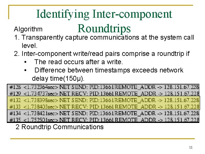 Identifying Inter-component Algorithm Roundtrips 1. Transparently capture communications at the system call level. 2.