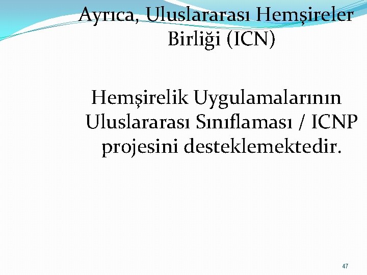 Ayrıca, Uluslararası Hemşireler Birliği (ICN) Hemşirelik Uygulamalarının Uluslararası Sınıflaması / ICNP projesini desteklemektedir. 47