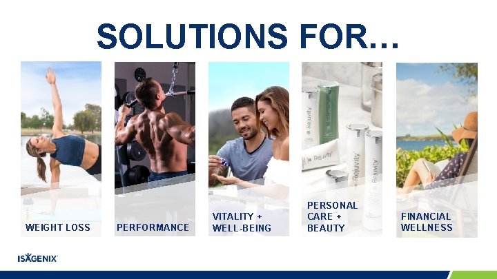 SOLUTIONS FOR… WEIGHT LOSS PERFORMANCE VITALITY + WELL-BEING PERSONAL CARE + BEAUTY FINANCIAL WELLNESS SOLUTIONS FOR… WEIGHT LOSS PERFORMANCE VITALITY + WELL-BEING PERSONAL CARE + BEAUTY FINANCIAL WELLNESS