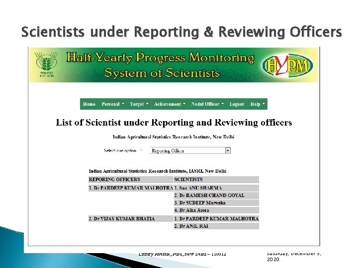 Scientists under Reporting & Reviewing Officers Indian Agricultural Statistics Research Institute Library Avenue, Pusa,
