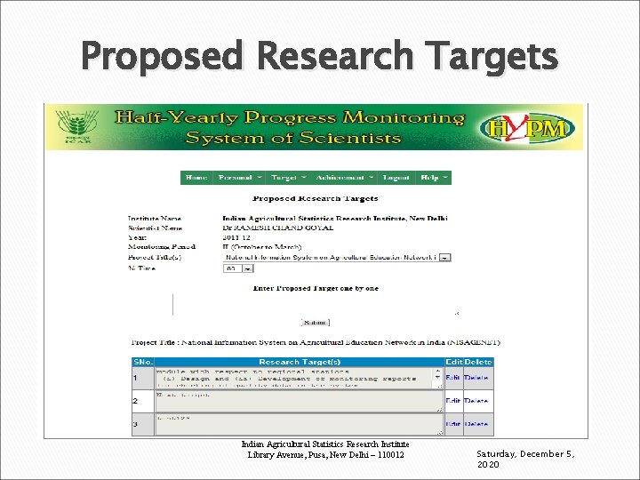 Proposed Research Targets Indian Agricultural Statistics Research Institute Library Avenue, Pusa, New Delhi –