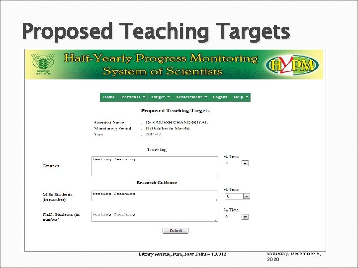Proposed Teaching Targets Indian Agricultural Statistics Research Institute Library Avenue, Pusa, New Delhi –