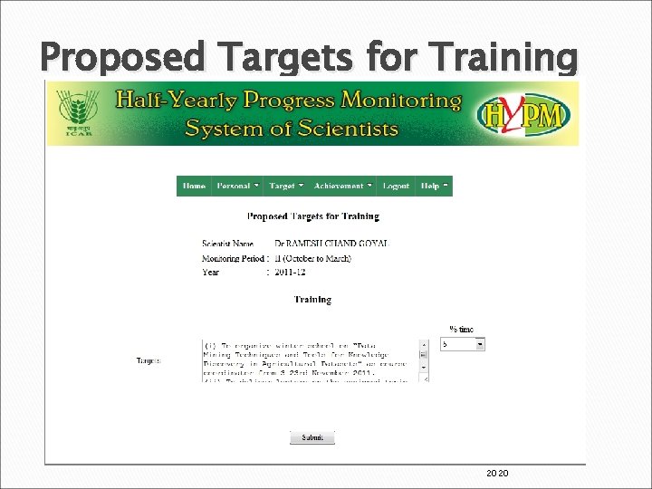 Proposed Targets for Training Indian Agricultural Statistics Research Institute Library Avenue, Pusa, New Delhi