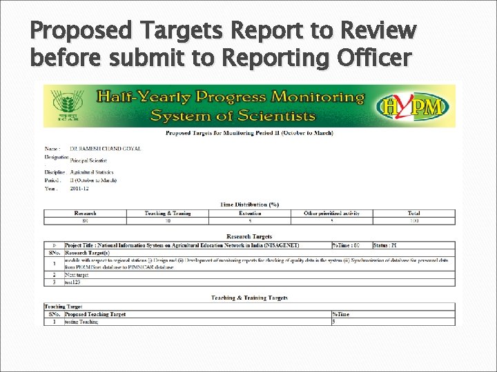 Proposed Targets Report to Review before submit to Reporting Officer 