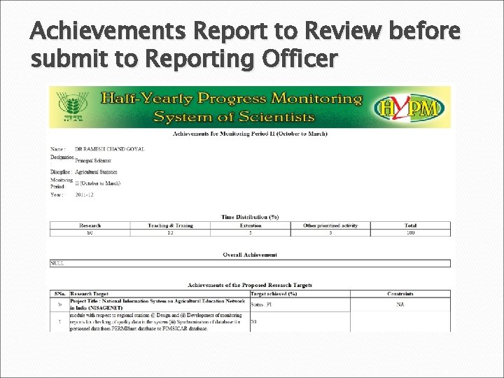 Achievements Report to Review before submit to Reporting Officer 