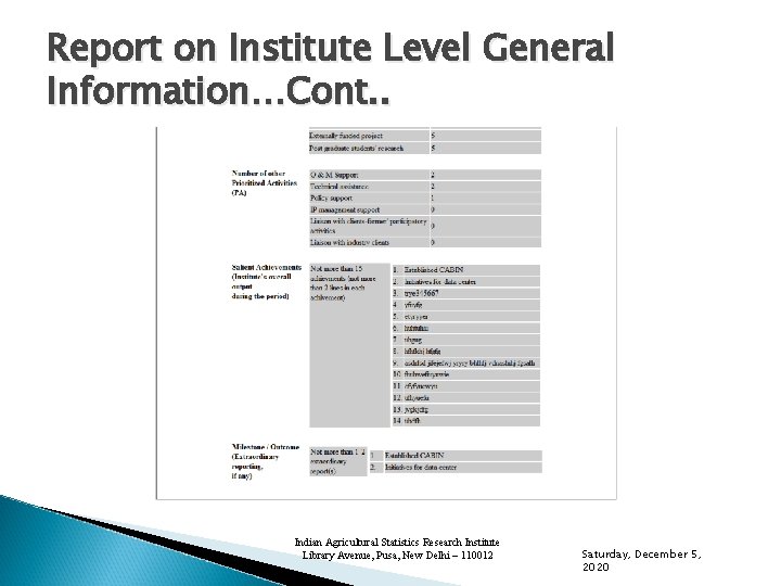 Report on Institute Level General Information…Cont. . Indian Agricultural Statistics Research Institute Library Avenue,