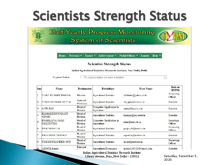 Scientists Strength Status Indian Agricultural Statistics Research Institute Library Avenue, Pusa, New Delhi –