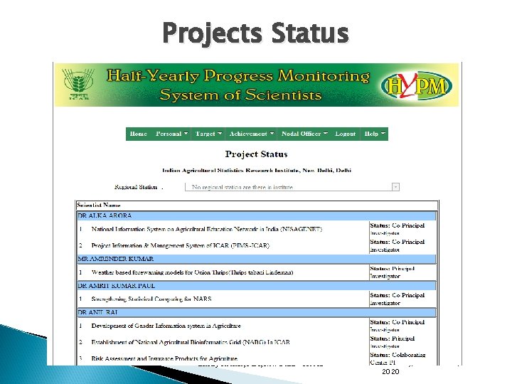 Projects Status Indian Agricultural Statistics Research Institute Library Avenue, Pusa, New Delhi – 110012
