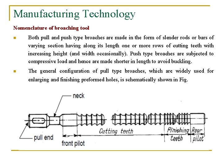 Manufacturing Technology Nomenclature of broaching tool n Both pull and push type broaches are