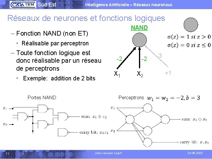  Sud Est Intelligence Artificielle – Réseaux neuronaux Réseaux de neurones et fonctions logiques