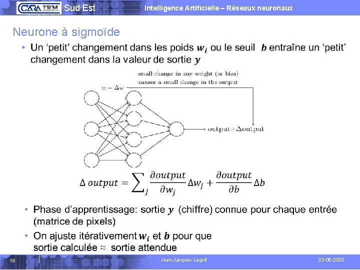  Sud Est Intelligence Artificielle – Réseaux neuronaux Neurone à sigmoïde 18 Jean-Jacques Legoll