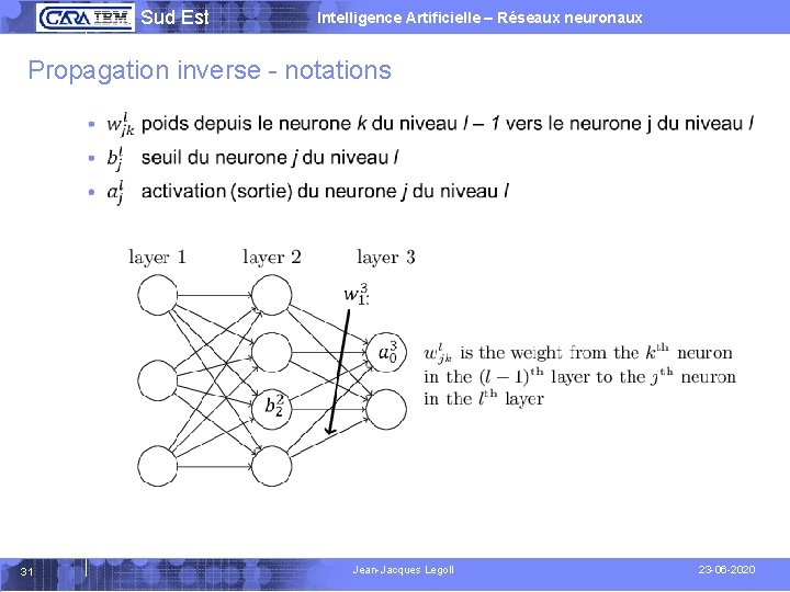  Sud Est Intelligence Artificielle – Réseaux neuronaux Propagation inverse - notations 31 Jean-Jacques