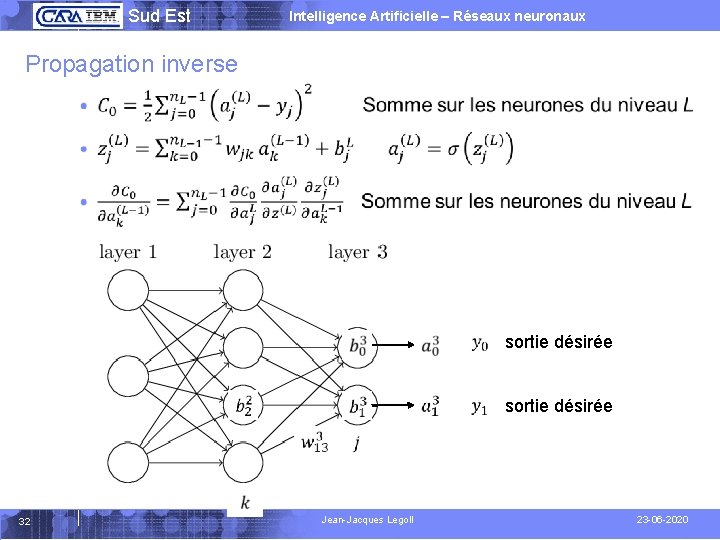  Sud Est Intelligence Artificielle – Réseaux neuronaux Propagation inverse 32 sortie désirée Jean-Jacques