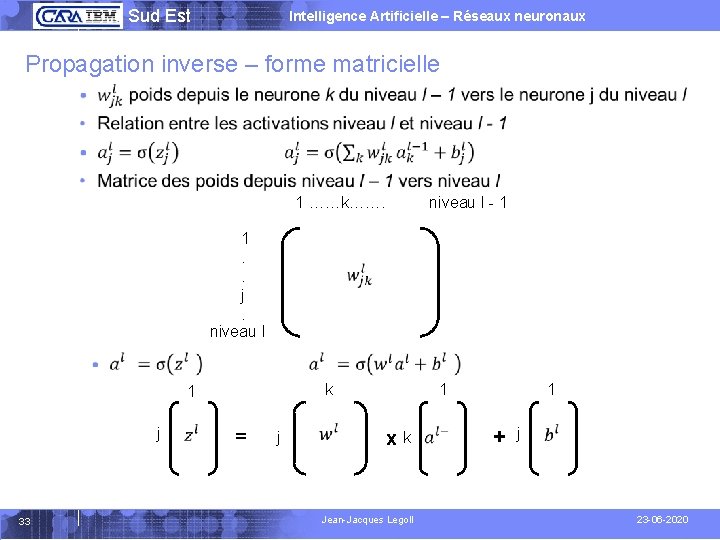  Sud Est Intelligence Artificielle – Réseaux neuronaux Propagation inverse – forme matricielle 1