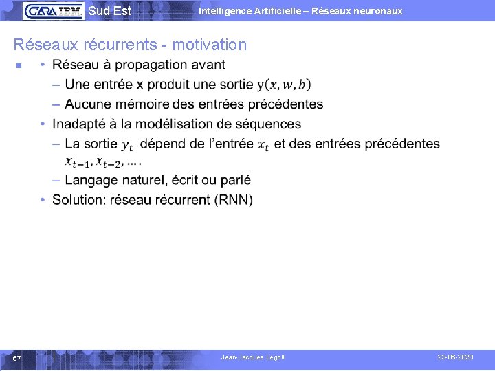  Sud Est Intelligence Artificielle – Réseaux neuronaux Réseaux récurrents - motivation § 57