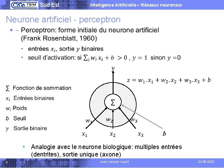  Sud Est Intelligence Artificielle – Réseaux neuronaux Neurone artificiel - perceptron § ∑