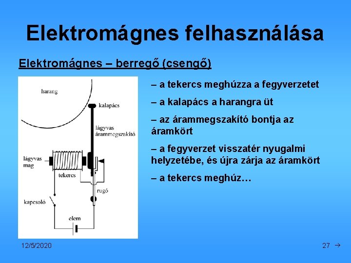 Elektromágnes felhasználása Elektromágnes – berregő (csengő) – a tekercs meghúzza a fegyverzetet – a