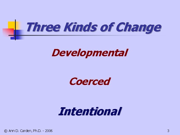 Three Kinds of Change Developmental Coerced Intentional © Ann D. Carden, Ph. D. -