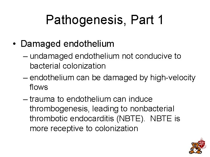 Pathogenesis, Part 1 • Damaged endothelium – undamaged endothelium not conducive to bacterial colonization Pathogenesis, Part 1 • Damaged endothelium – undamaged endothelium not conducive to bacterial colonization
