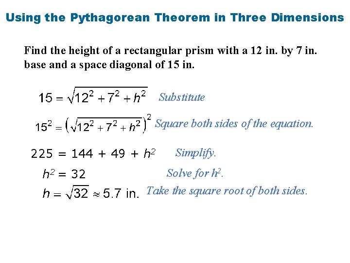 Using the Pythagorean Theorem in Three Dimensions Find the height of a rectangular prism