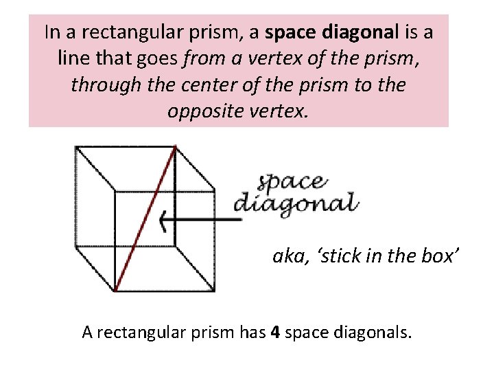 In a rectangular prism, a space diagonal is a line that goes from a