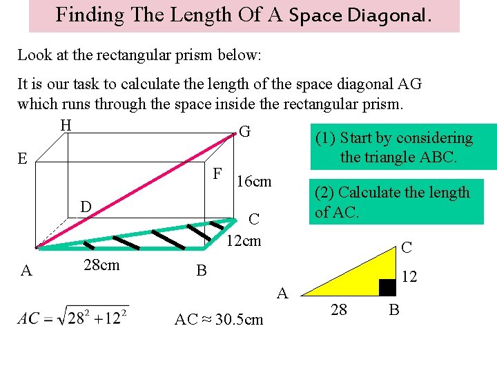 Finding The Length Of A Space Diagonal. Look at the rectangular prism below: It