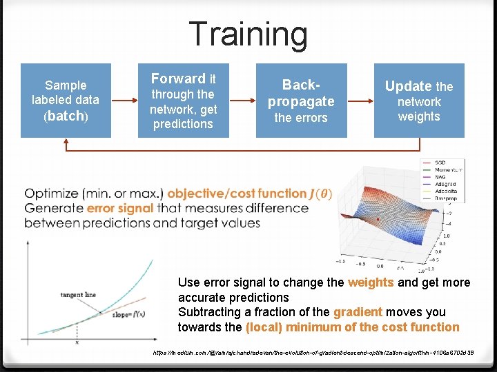 Training Sample labeled data (batch) Forward it through the network, get predictions Backpropagate the