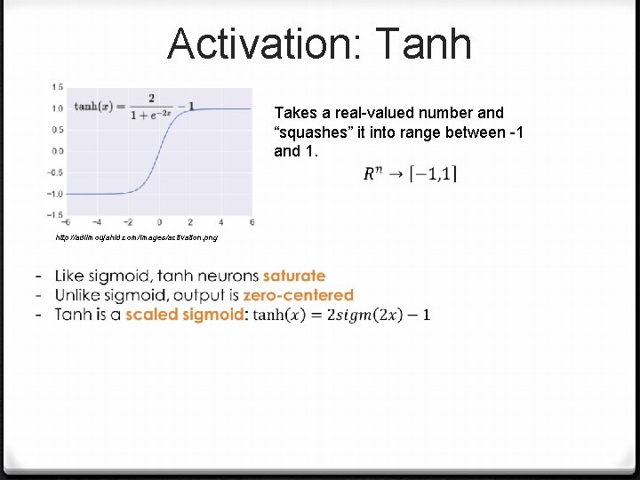 Activation: Tanh Takes a real-valued number and “squashes” it into range between -1 and
