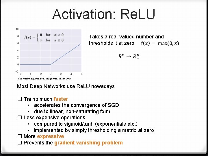 Activation: Re. LU Takes a real-valued number and thresholds it at zero http: //adilmoujahid.