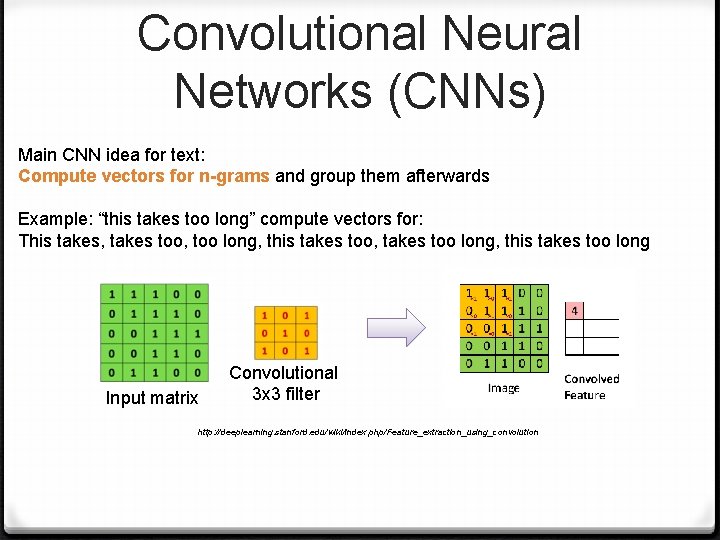 Convolutional Neural Networks (CNNs) Main CNN idea for text: Compute vectors for n-grams and