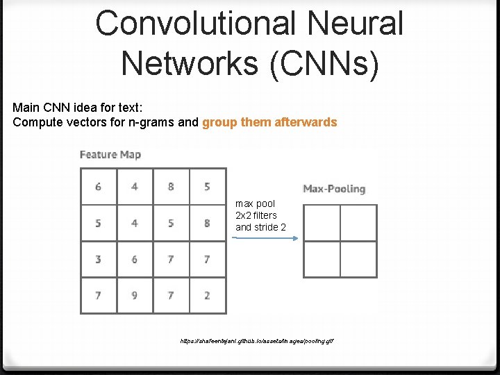 Convolutional Neural Networks (CNNs) Main CNN idea for text: Compute vectors for n-grams and