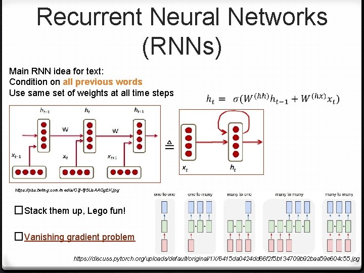 Recurrent Neural Networks (RNNs) Main RNN idea for text: Condition on all previous words