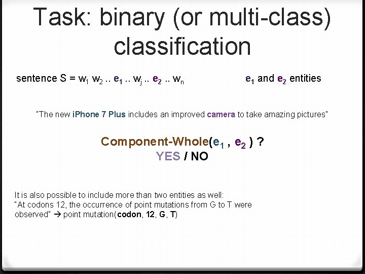 Task: binary (or multi-class) classification sentence S = w 1 w 2. . e