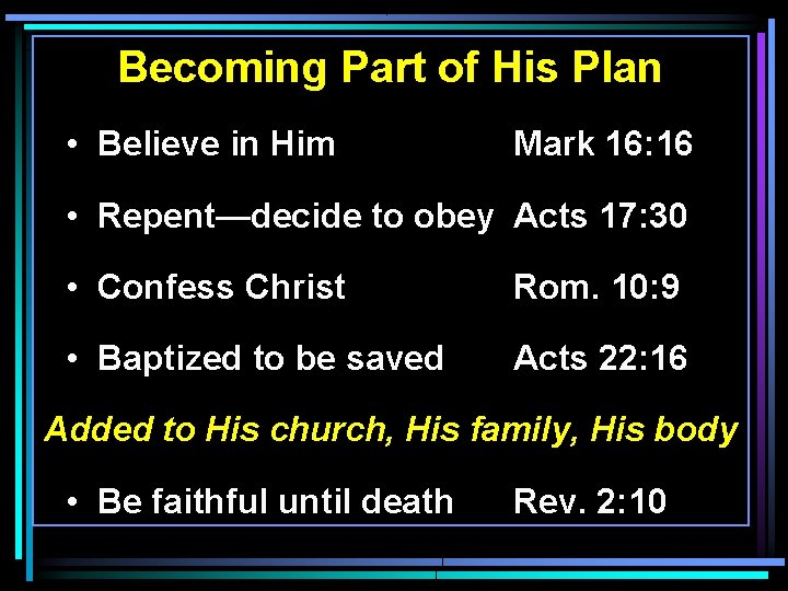 Becoming Part of His Plan • Believe in Him Mark 16: 16 • Repent—decide Becoming Part of His Plan • Believe in Him Mark 16: 16 • Repent—decide