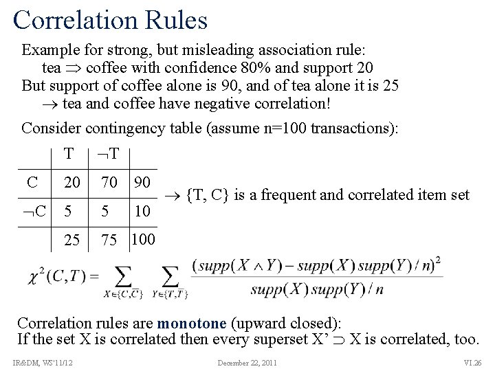Correlation Rules Example for strong, but misleading association rule: tea coffee with confidence 80%