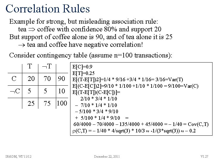 Correlation Rules Example for strong, but misleading association rule: tea coffee with confidence 80%