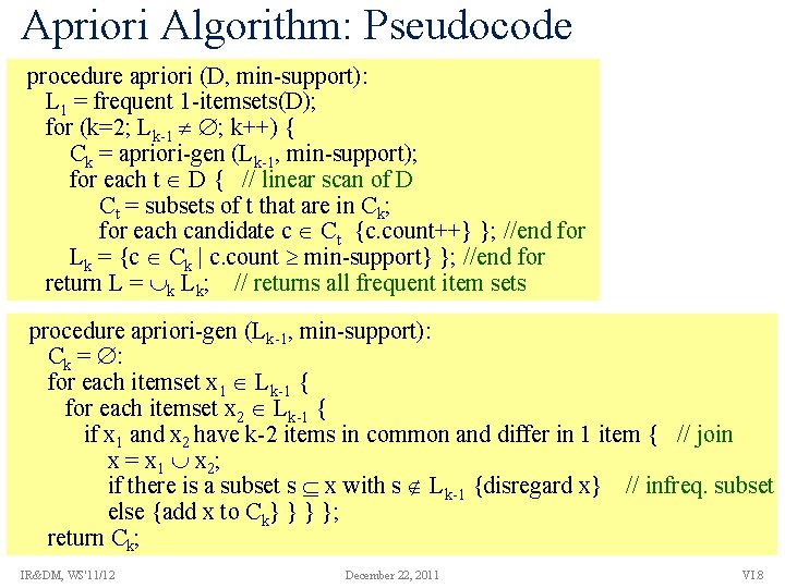 Apriori Algorithm: Pseudocode procedure apriori (D, min-support): L 1 = frequent 1 -itemsets(D); for