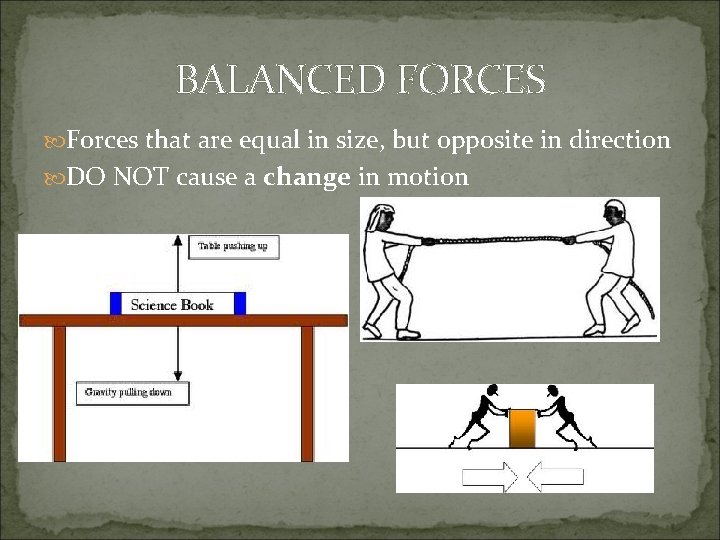 BALANCED FORCES Forces that are equal in size, but opposite in direction DO NOT