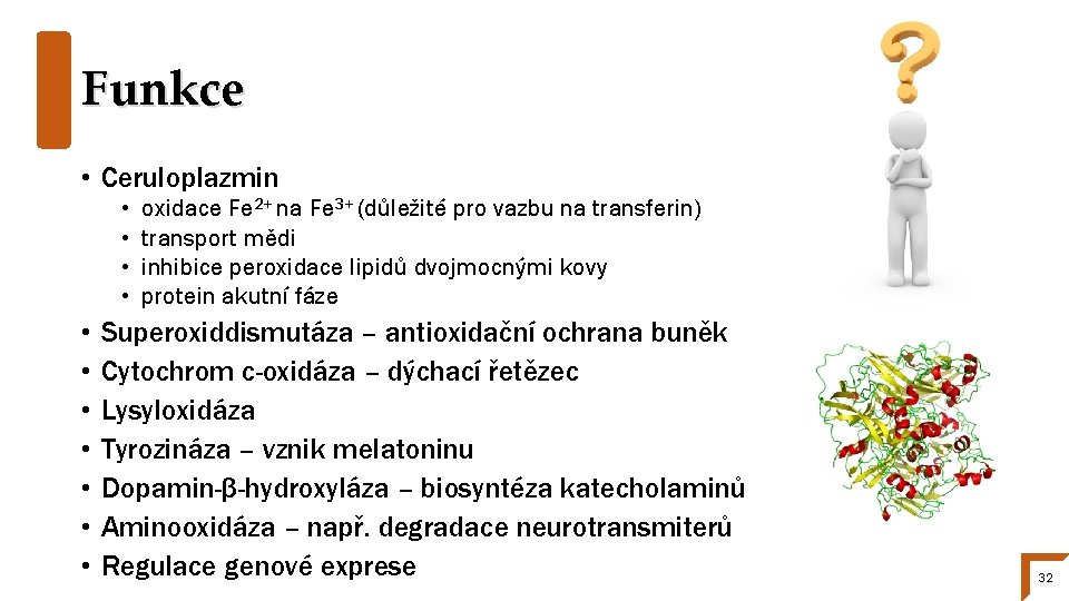 Funkce • Ceruloplazmin • • • oxidace Fe 2+ na Fe 3+ (důležité pro
