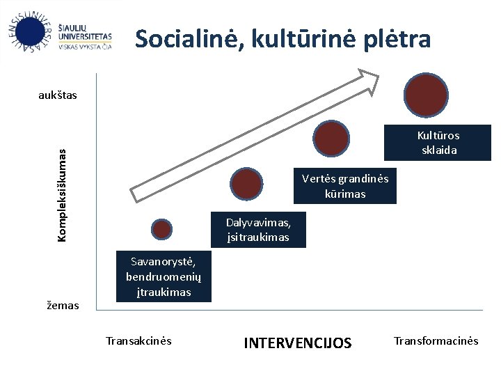 Socialinė, kultūrinė plėtra aukštas Kompleksiškumas Kultūros sklaida žemas Vertės grandinės kūrimas Dalyvavimas, įsitraukimas Savanorystė,