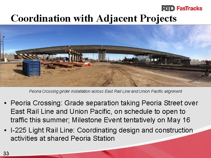 Coordination with Adjacent Projects Peoria Crossing girder installation across East Rail Line and Union