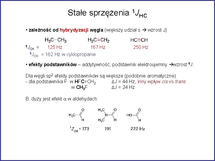 Stałe sprzężenia 1 JHC • zależność od hybrydyzacji węgla (większy udział s wzrost J)