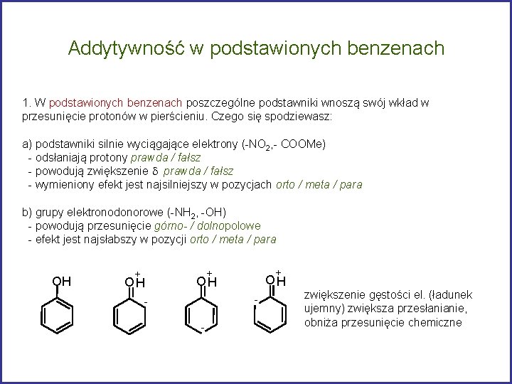 Addytywność w podstawionych benzenach 1. W podstawionych benzenach poszczególne podstawniki wnoszą swój wkład w