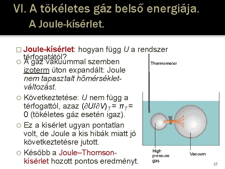VI. A tökéletes gáz belső energiája. A Joule-kísérlet. � Joule-kísérlet: hogyan függ U a VI. A tökéletes gáz belső energiája. A Joule-kísérlet. � Joule-kísérlet: hogyan függ U a