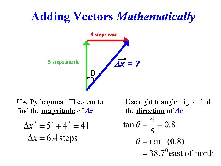 Adding Vectors Mathematically 4 steps east 5 steps north q Use Pythagorean Theorem to