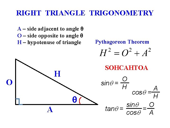RIGHT TRIANGLE TRIGONOMETRY A – side adjacent to angle q O – side opposite