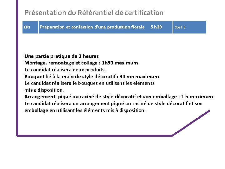 Présentation du Référentiel de certification EP 1 Préparation et confection d’une production florale 5