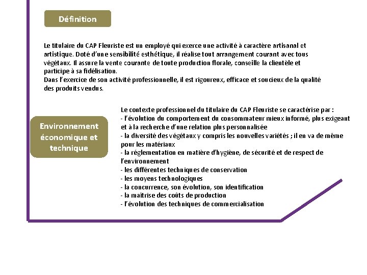 Définition Le titulaire du CAP Fleuriste est un employé qui exerce une activité à