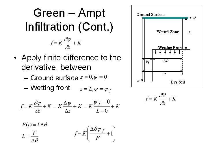 Green – Ampt Infiltration (Cont. ) Ground Surface Wetted Zone Wetting Front • Apply