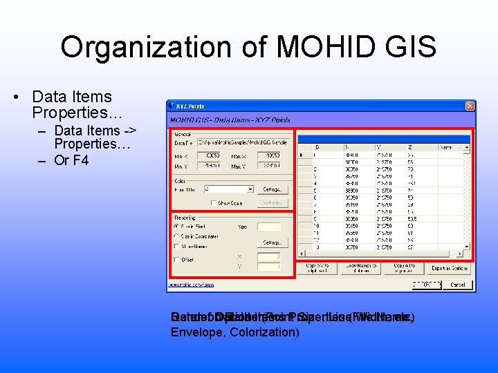 Organization of MOHID GIS • Data Items Properties… – Data Items -> Properties… –